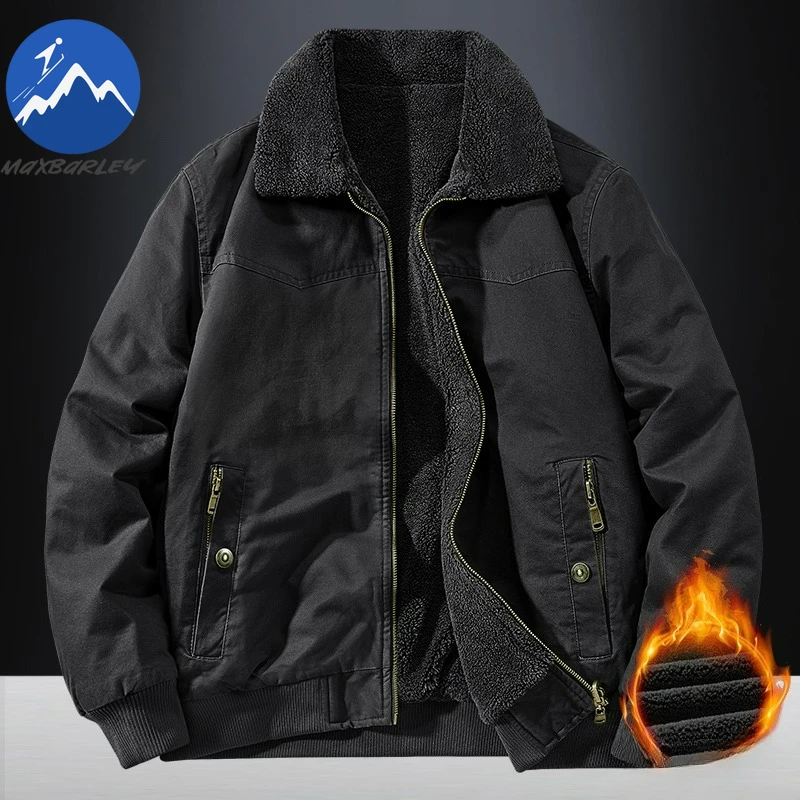 Maxbarley-Chaqueta de lana de cordero para hombre, chaqueta cálida gruesa con solapa para viajes al aire libre, cortavientos ligero de estilo americano Premium