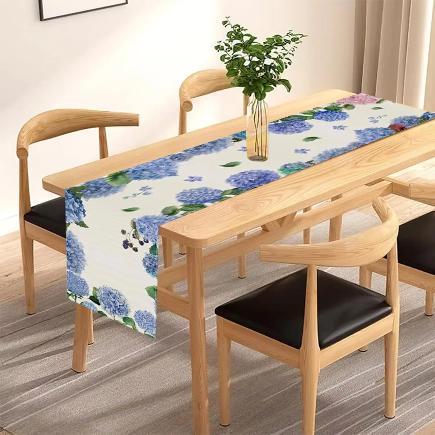 Purple Hydrangea Table Runner - 1PC Seasonal Spring Summer Green Plants Indoor Outdoor Birthday Dining Cover