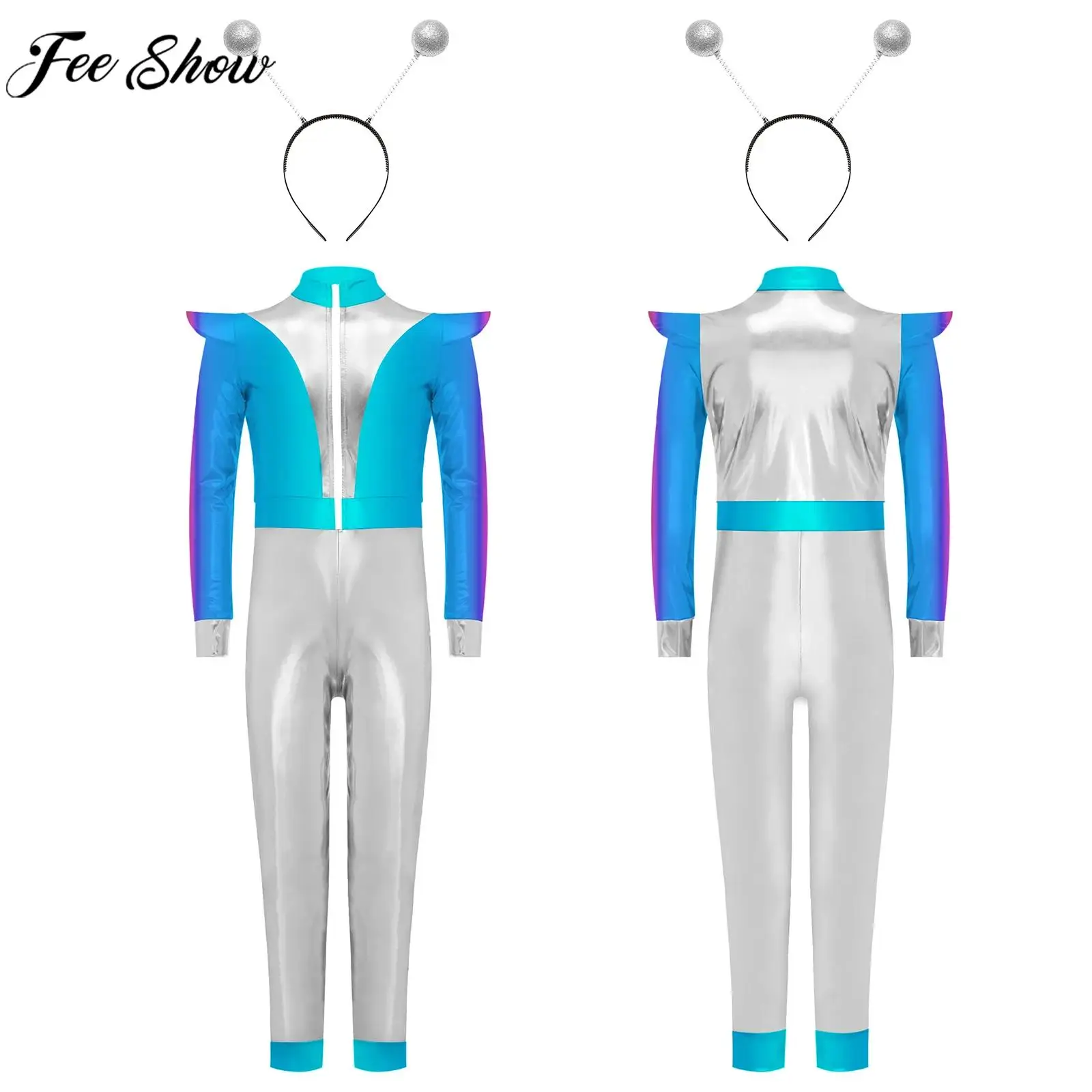 

Детский карнавальный костюм робота-космонавта с длинными рукавами, блестящий металлический комбинезон для космического пространства с обручем для волос для вечеринки на Хэллоуин