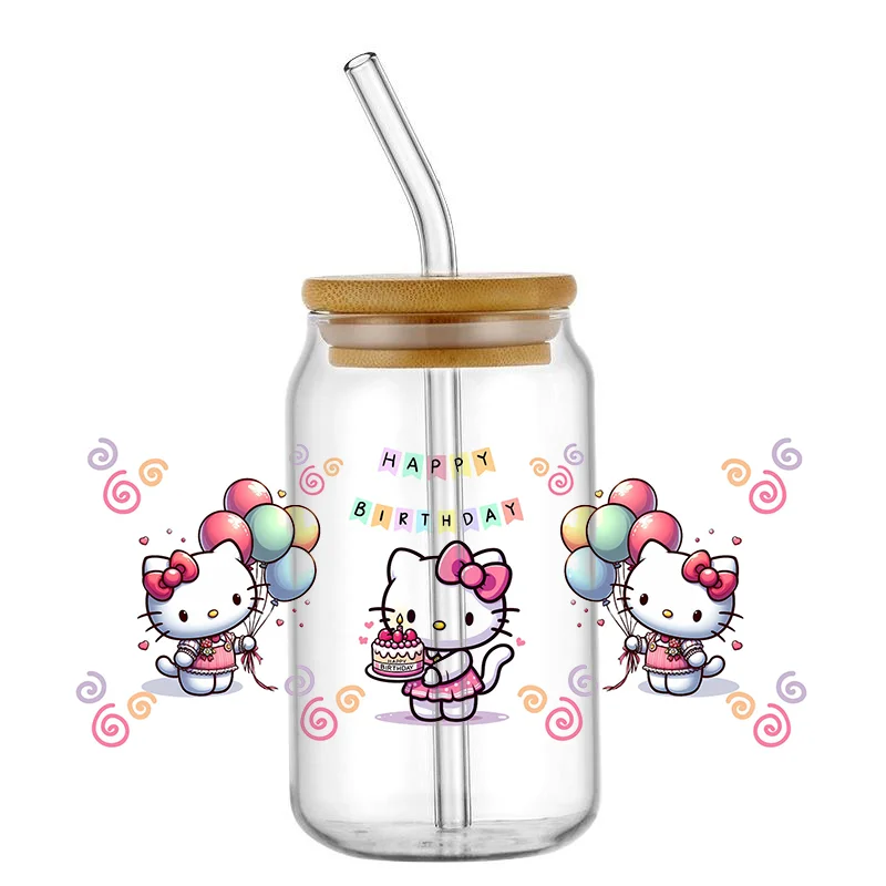 Miniso Kitty pegatina de transferencia UV DTF de dibujos animados, calcomanías personalizadas resistentes a altas temperaturas, bricolaje, tazas de vidrio de 16Oz