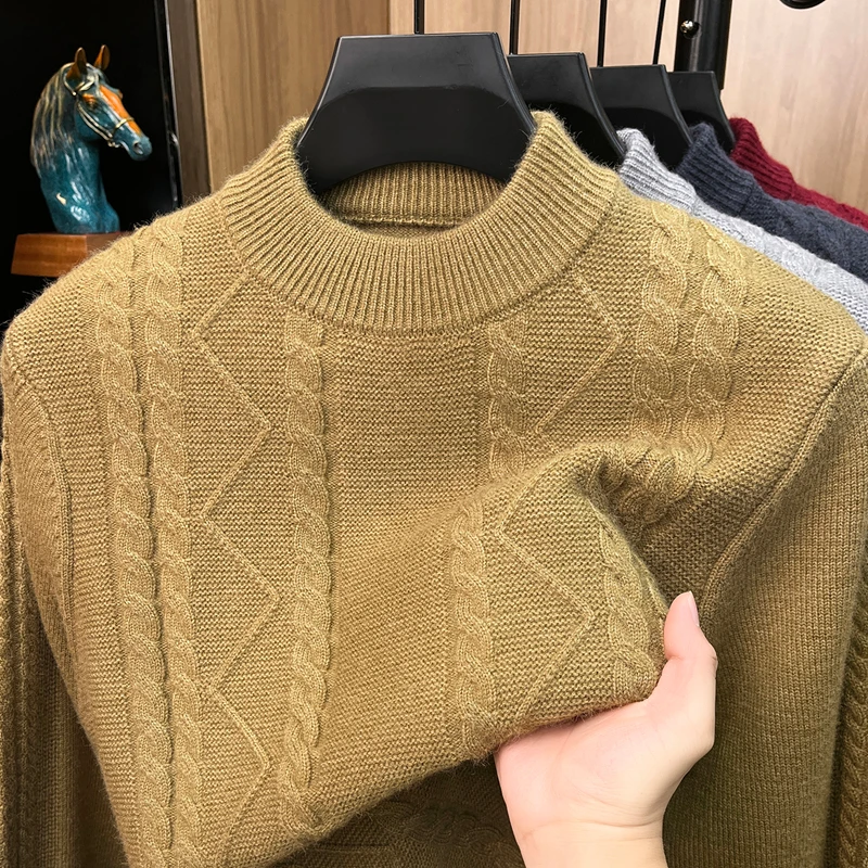 Fashion jacquard knitted thicken sweater men's high-quality new winter warm pullover comfort casual round neck solid color top