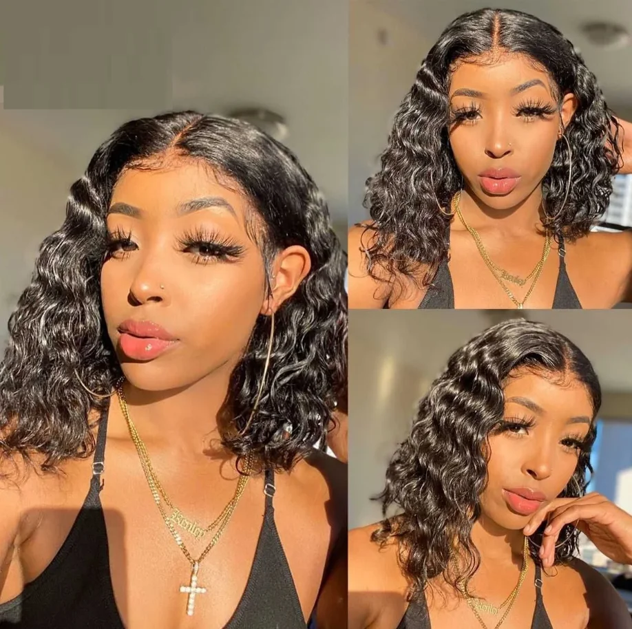 Leimlose Perücken Deep Wave 6x4 vor geschnittene HD transparente Spitze Verschluss Perücken für Frauen 100% menschliches Haar vor gezupft Deep Wave Bob Perücke