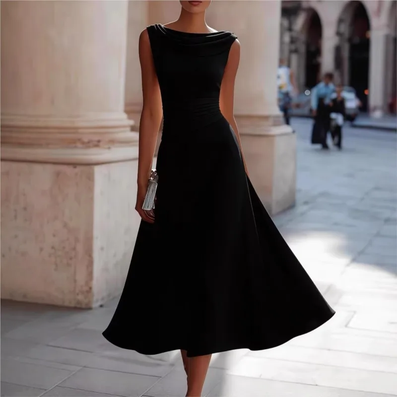 

Elegant A Line Midi Dress Polyester Swinging Collar Sleeveless High Waist Evening Dresses Temperament Pleats Formal Gown 2026