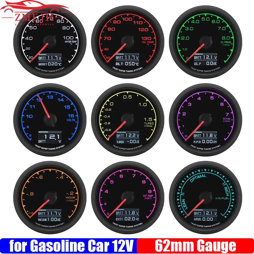 62mm 2.5 Inch 7 Colors Turbo Boost Meter Oil Pressure Gauge RPM Water Temp Tachometer Voltmeter Air Fuel Ratio Racing Meter 12V