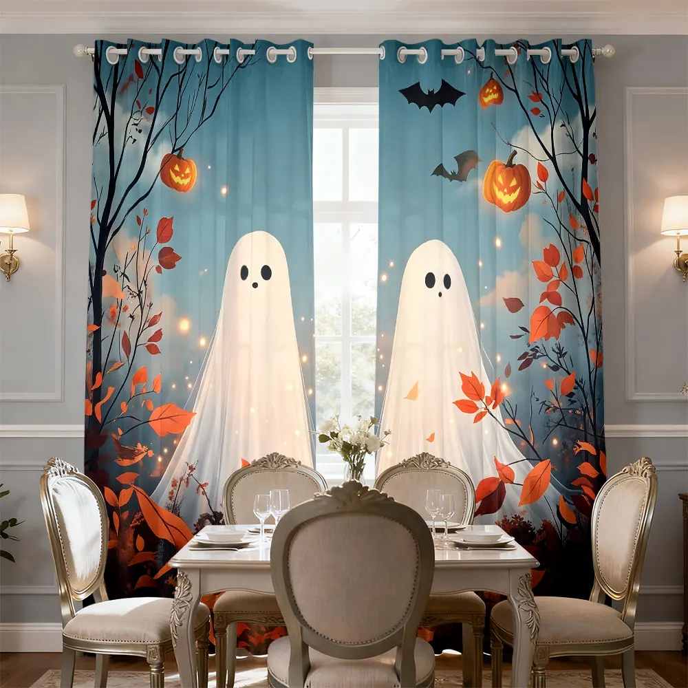 2pcs 90g printed curtain featuring Halloween-themed designs of two ghosts, pumpkins, and bats, suitable.Machine-washable