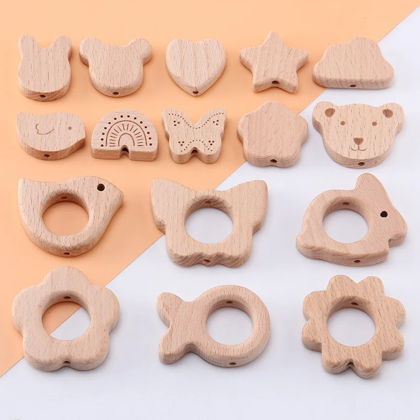 20Pcs Beech Wooden Beads Heart Star Shape Baby Teether Beads for DIY Necklace Pacifier Chain Crafts Jewelry Making