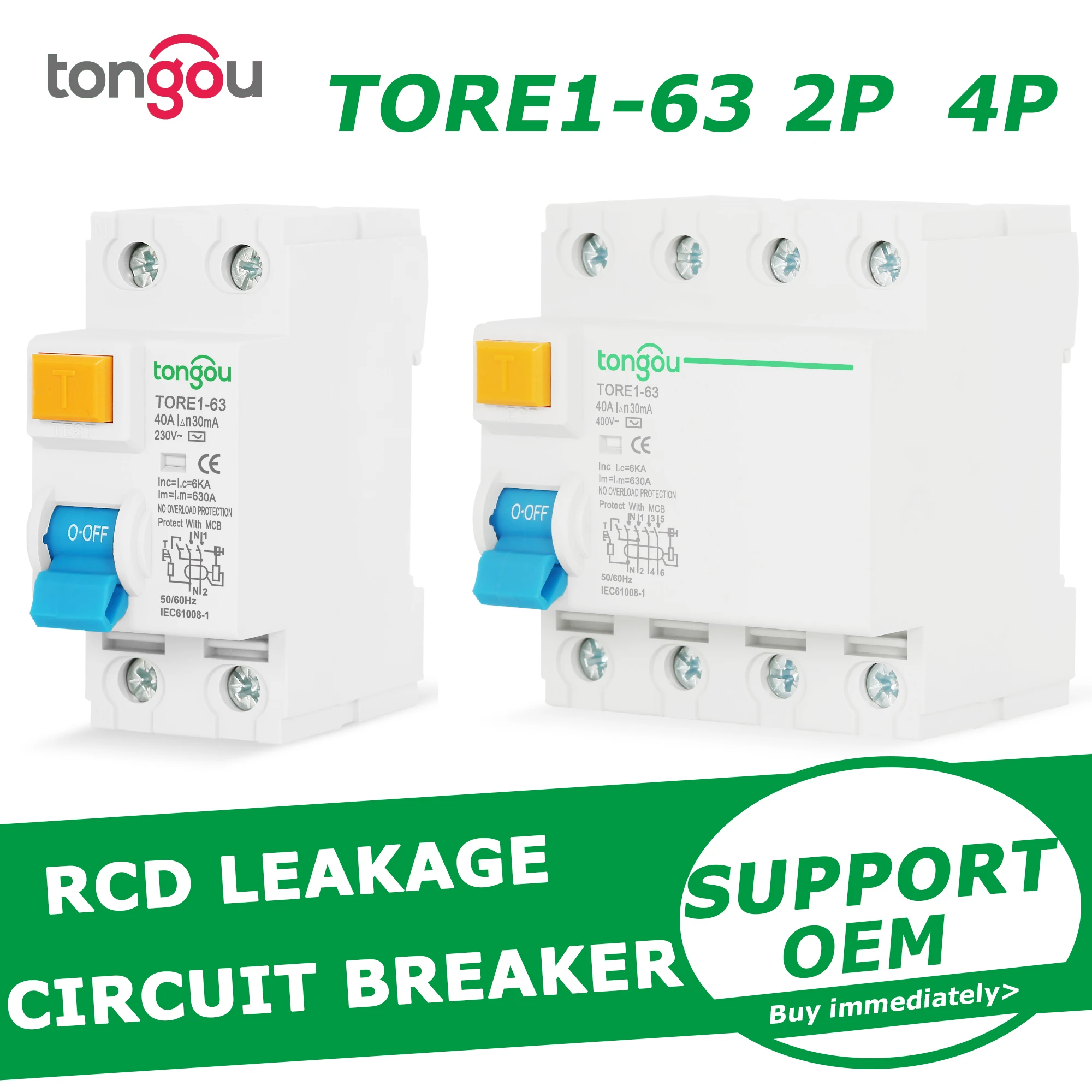 RCCB-Disyuntor de corriente Residual electromecánico, interruptor diferencial de seguridad, RCD 2P 4P 63A 10mA 30mA 6KA 230/400V