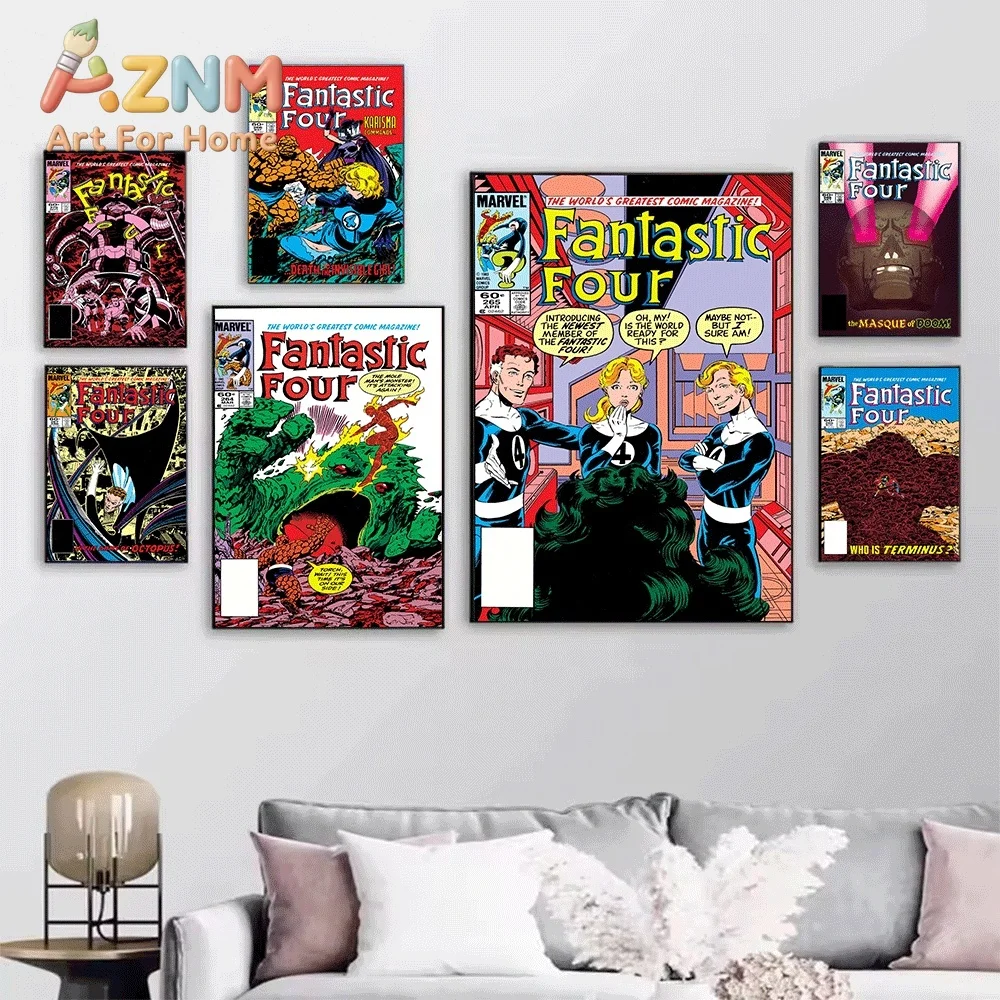 AZNM Fantastic Four The Search For Reed Richards Vintage Comic Collage Canvas Wall Art Unframed Print, Superhero Poster for Be