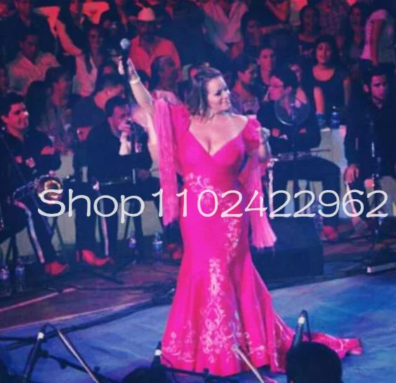 Fuchsia Mermaid Mexican Culture Evening Occasion Dresses Puffy Sleeve Lace Stain Embroidery Prom Dress Jenni Rivera