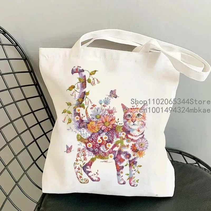 Cat and Flower Handbag Women Vintage Aesthetics Kitten Design Shopping Bags Teenager Girls Reusable Tote Bag Female Shoulder Bag