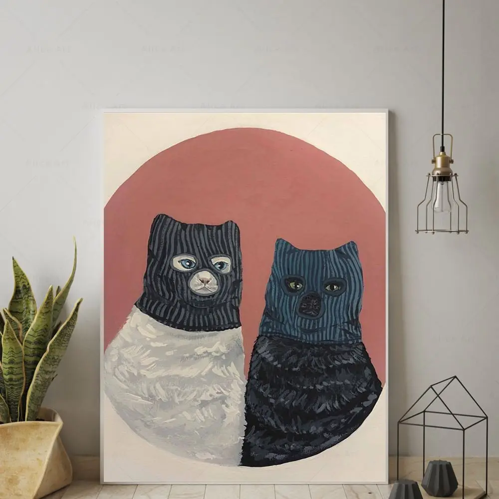 Cat with Mask Prints Posters Thief Cat Animal Modern Nordic Wall Pictures Art for Kids Room Bedroom Home Decor Canvas Painting