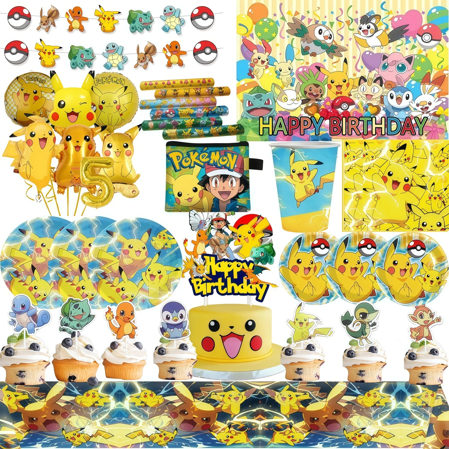 البوكيمون حفلة عيد ميلاد الديكور أدوات المائدة البوكيمون خلفية مفرش المائدة كأس لوحة كعكة توبر استحمام الطفل بيكاتشو حفلة الحسنات #1