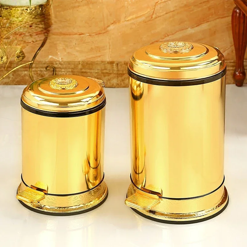 

European-Style Luxury Pedal Trash Can Home Living Room Bathroom Kitchen Golden High-End Creative with Lid