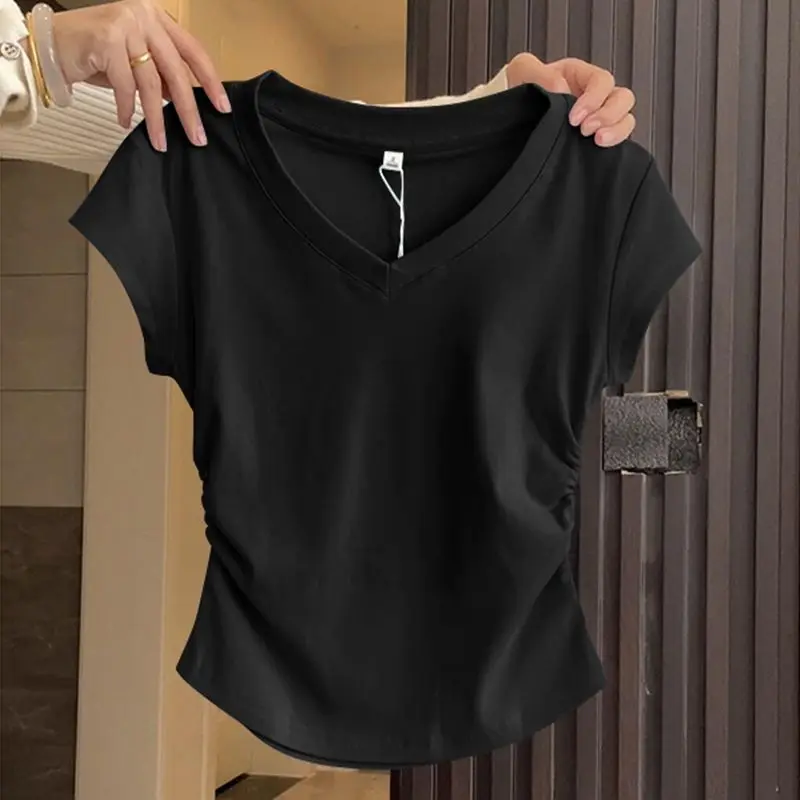 Summer Women's Short Sleeved T-shirt Solid Color Slim Fit V-neck Lightweight and Slimming Casual Versatile Basic Women's Top