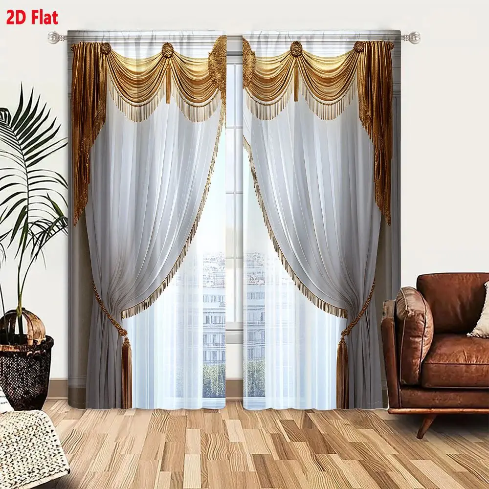 2Pcs Curtains Add 2D Flat Elegant Luxury White Sheer Curtains With Gold Drapes Ornate Valance And Tassels Window Drapes for Bedr