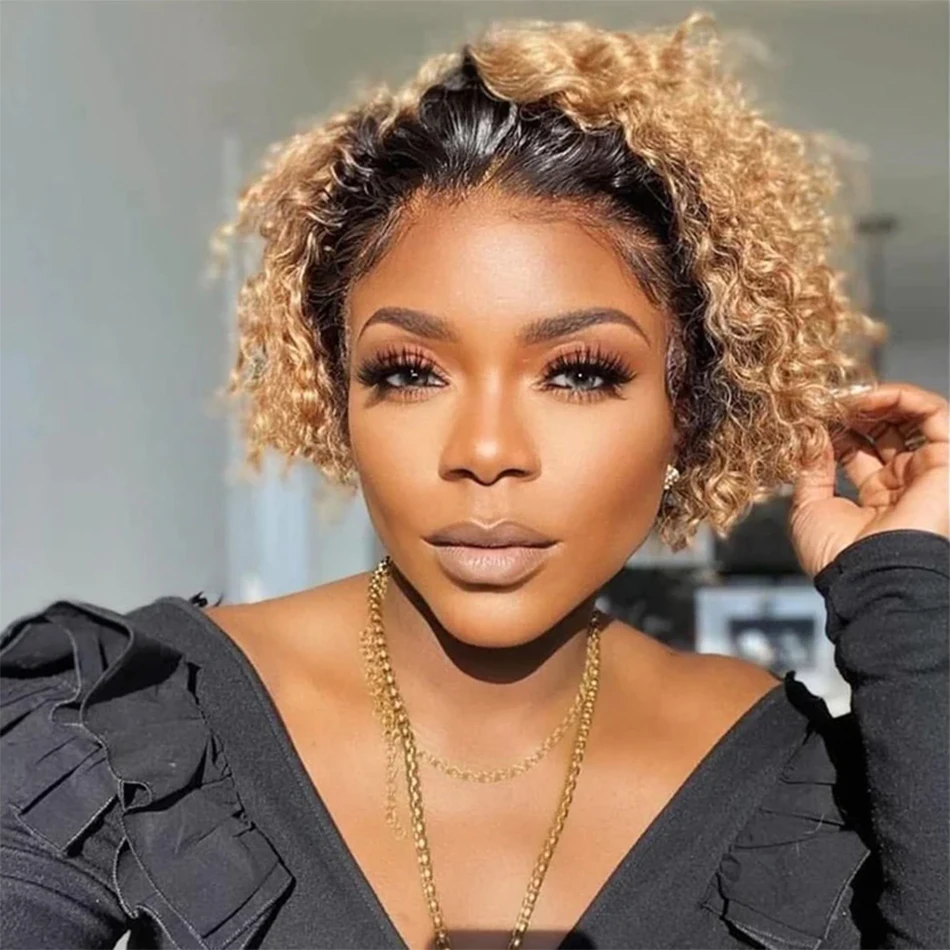 Pixie Cut Wigs Human Hair Ombre 1B/27 Short Curly Lace Front Wigs Brazilian Water Wave Bob Wig 13x1 Transparent Lace Wigs 180%