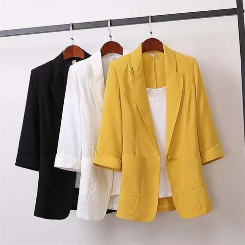 2025 OL traje de mujer chaqueta de mujer de moda Color sólido amarillo negro tela de algodón abrigo suelto de gran tamaño nuevas chaquetas de primavera y verano