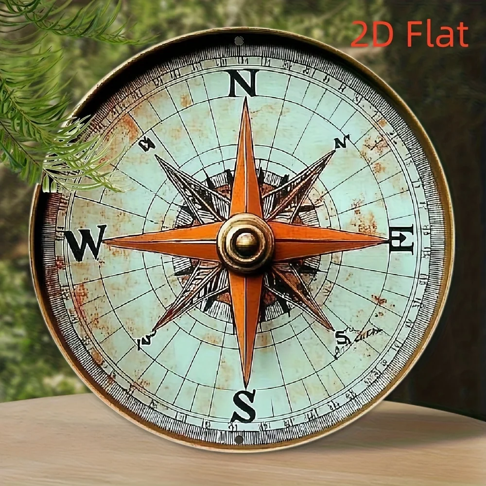 2D Flat Printing Wall Art Decorative Sign, Vintage Compass Pattern Circle Aluminum Sign Vintage Round Metal Sign Artistic Wall D