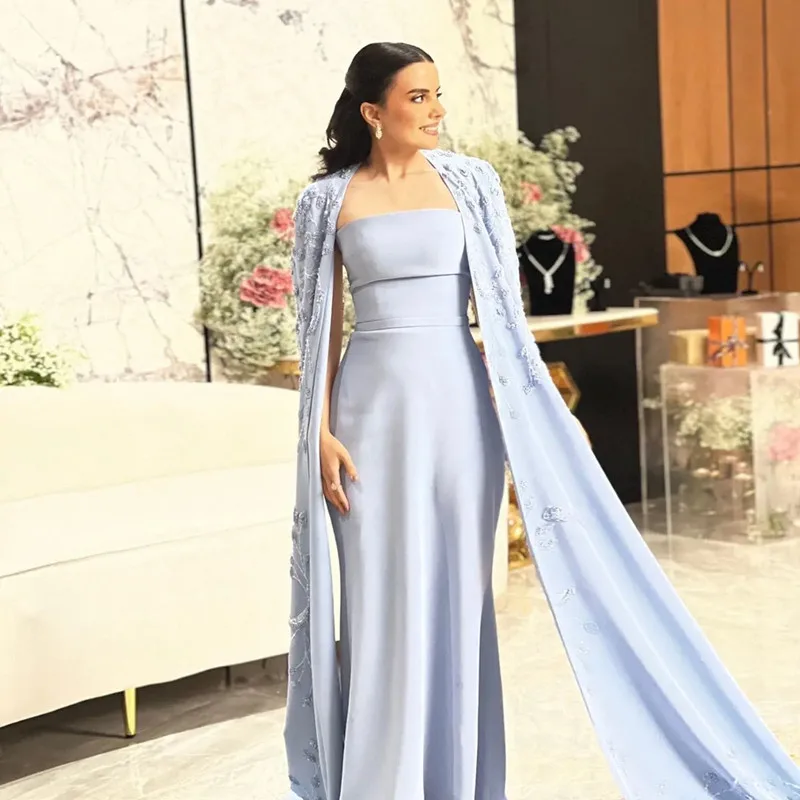 

Modern Baby Blue Mermaid Long Cap Sleeves Prom Dress Simple Strapless Formal Pleat Appliques Floor-Length Party Dress Customized