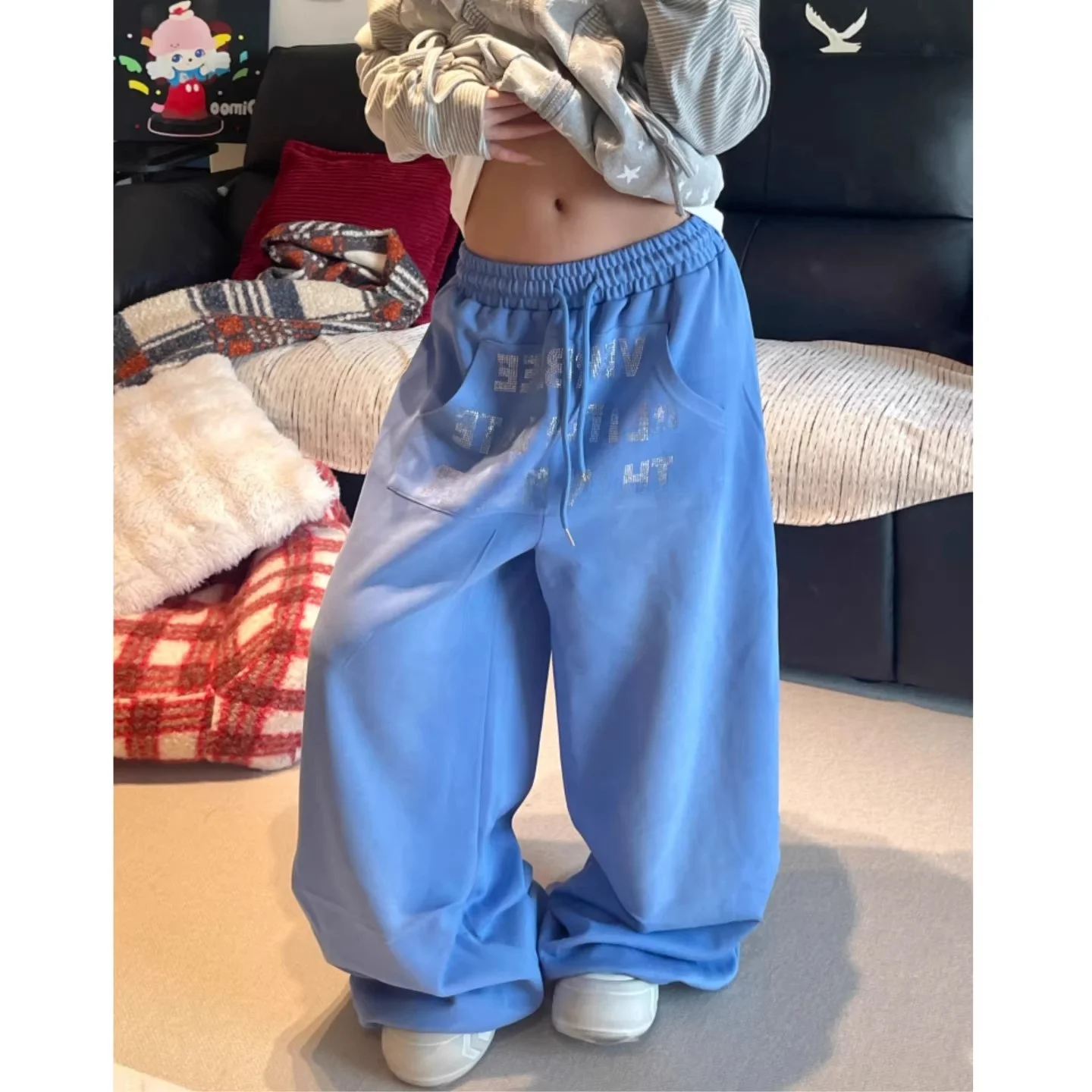American Hip Hop Street Dance Rhinestone Letters Washed Blue Sports Sweatpants Loose Wide Leg Casual Jazz Dance Trousers