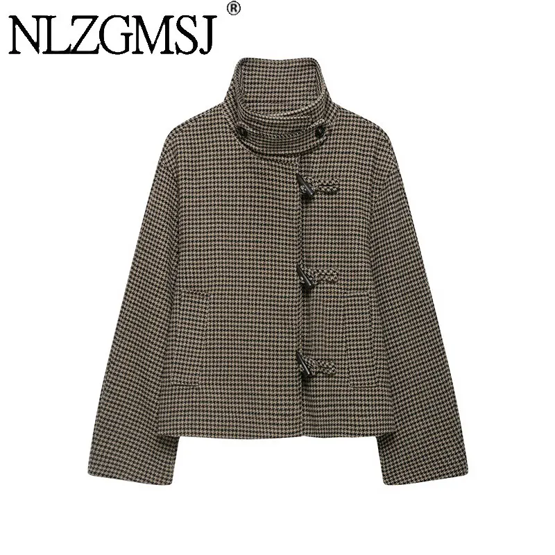 Nlzgmsj 2026 Autumn Winter Women Houndstooth Plaid  Jacket Stand Collar  Long Sleeve Loose Checkered  Fashion Coat