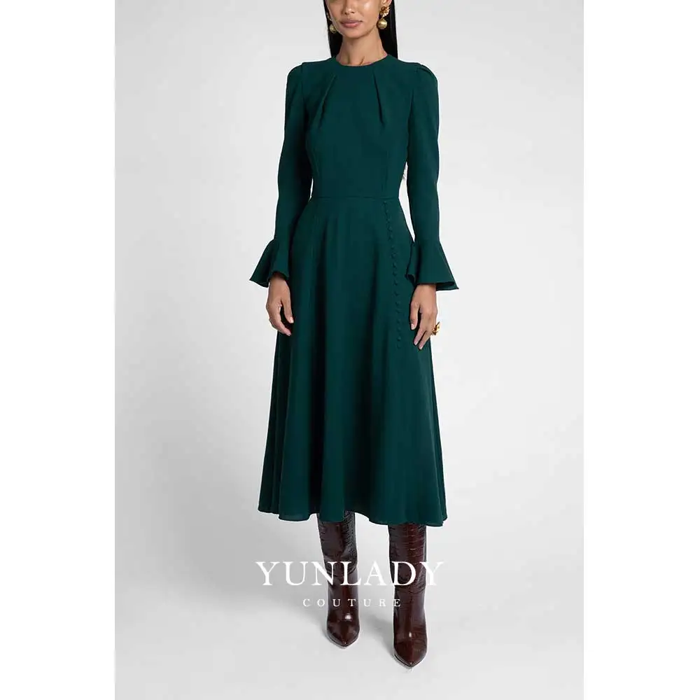 YUNLAN Dark Green A Line Mom Evening Dress 2024 Saudi Bride Wedding Guest Puff Sleeve Midi Dress Formal Occasion Party Dress