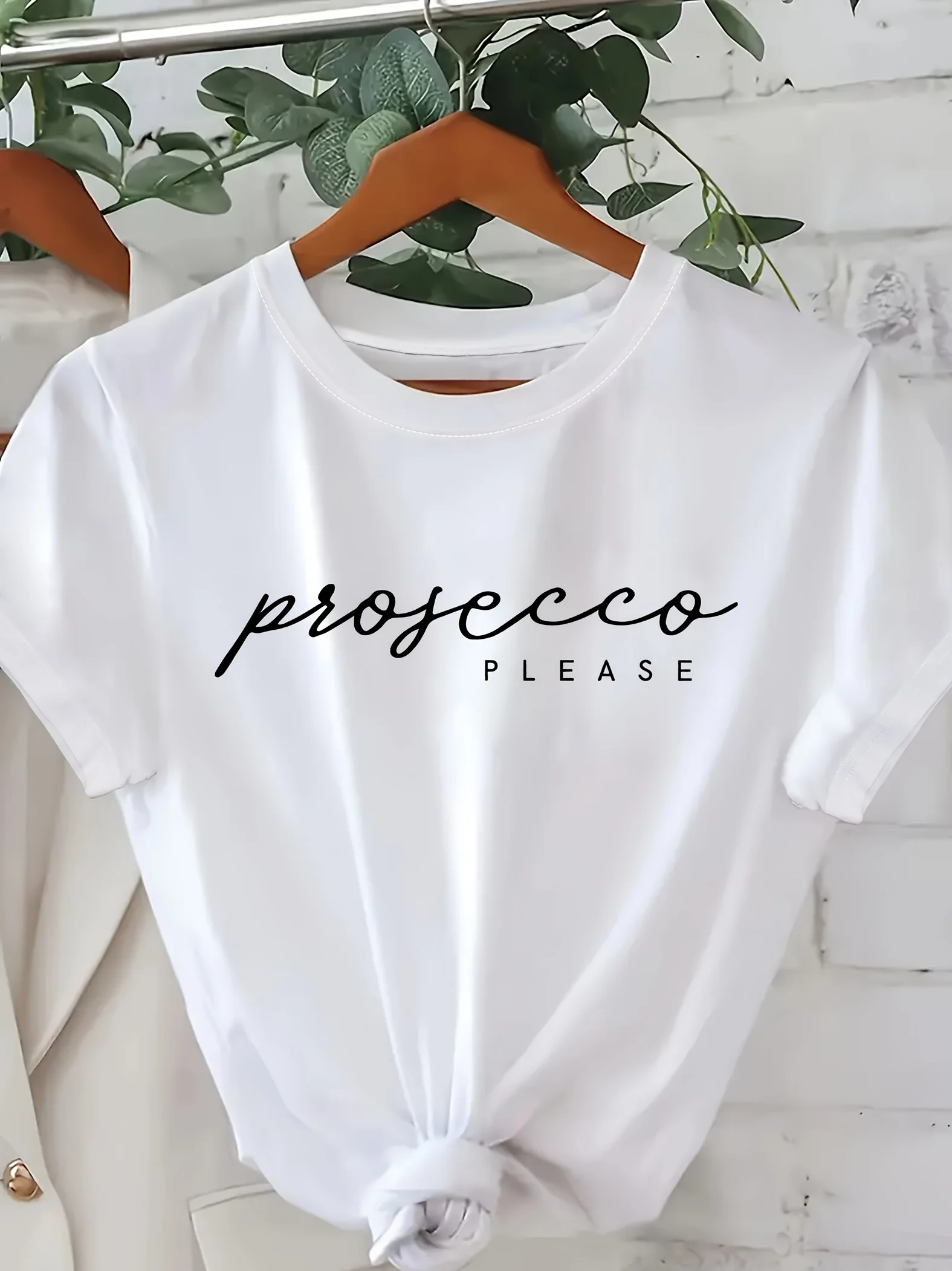 Prosecco-Camiseta con estampado de cuello redondo para mujer, camiseta informal cómoda con gráfico de manga corta y cuello redondo, ropa para mujer