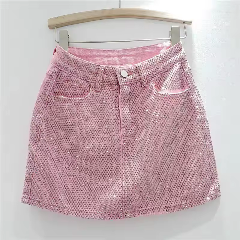 2024 autumn new heavy industry hot diamond solid color denim skirt women's fashion high waist and thin A word hip skirt - AliExpress 