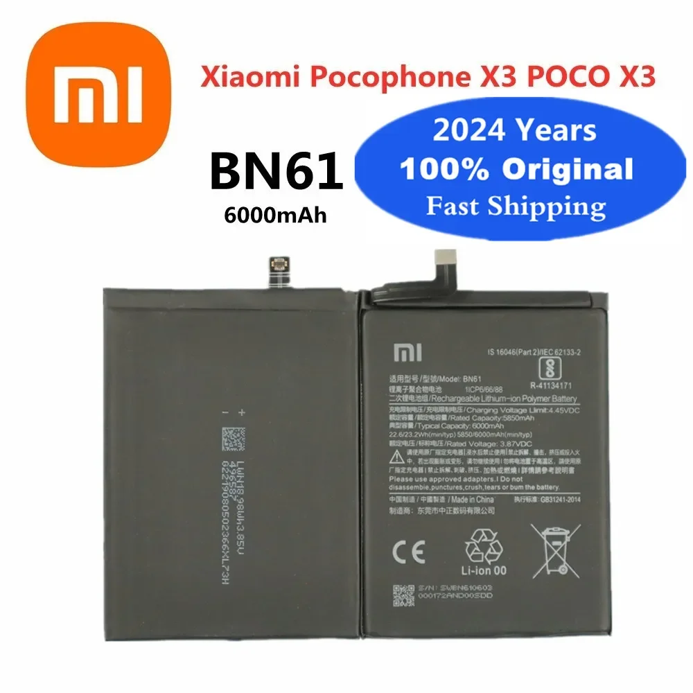 

2024 Years High Quality Original Battery BN61 For Xiaomi Poco X3 Pocophone X3 6000mAh Phone Battery In Stock + Tracking Number
