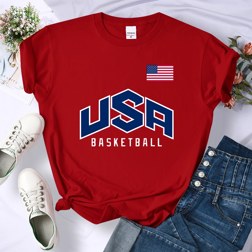 U.S.A Basketball Fashion Printing Female T-Shirt Street Breathable Crop Top Casual Sweat Clothes Summer O-Neck Short Sleeve