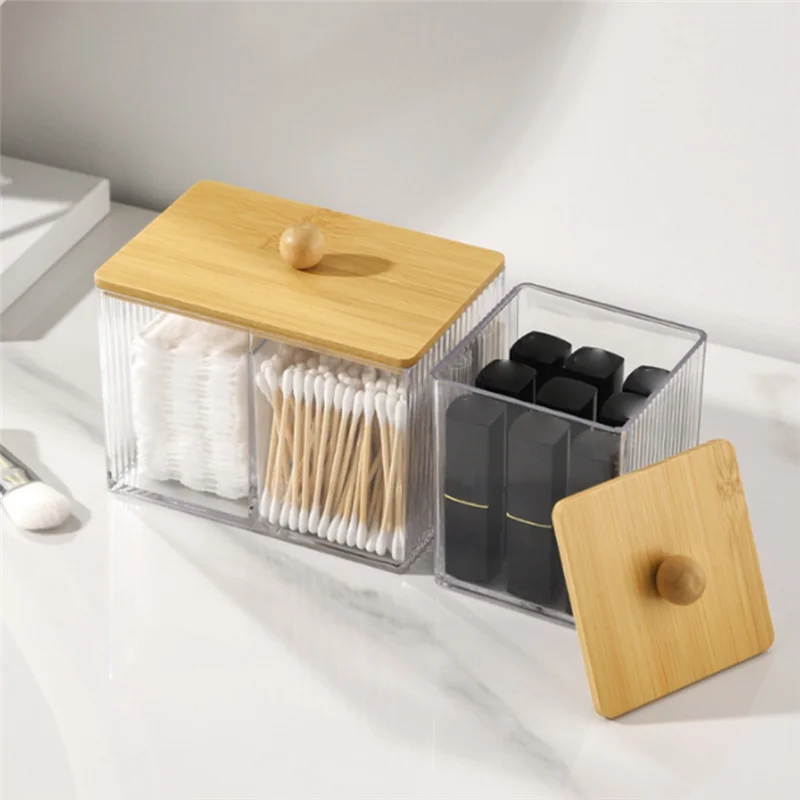 

【ВАРЯЦИЯ】 Держатель для колпачков с бамбуковой крышкой, настольный ящик для хранения косметики, 3 отделения, диспенсер для ватных тампонов