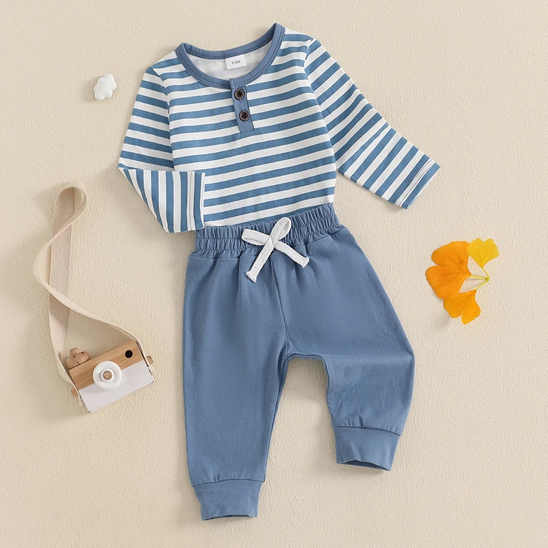 Baby Boy Girl Fall Outfits Striped Long Sleeve Romper Elastic Waist Pants with Bow 2 Piece Set