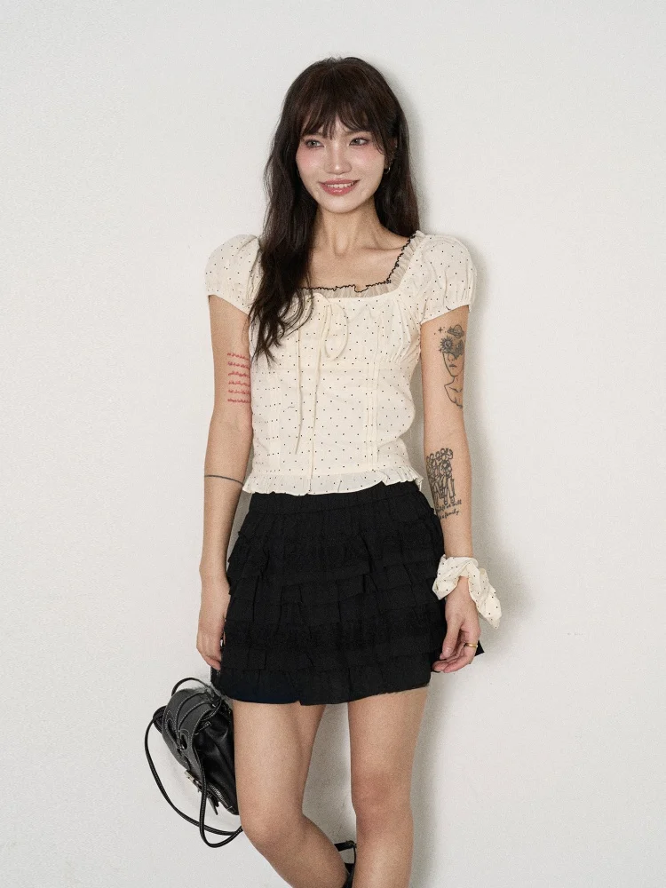 

Женский топ с квадратным воротником и цветочным принтом Bubble Sve, кружевной топ в горошек, летняя дышащая, приятная для кожи футболка ort Sve