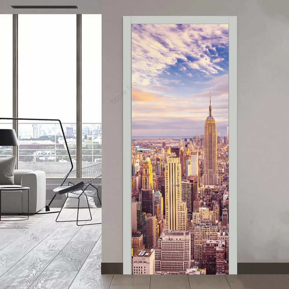 Building 3D Door Stickers Custom Any Size Mural Paintings City Sunset Night View Photo Wallpaper Decal Living Room Bedroom Decor