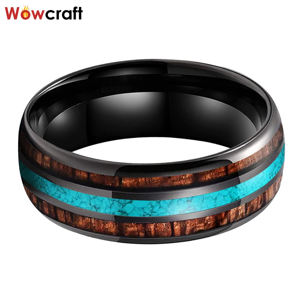 8mm Black Tungsten Carbide Rings for Men Women Turquoise Koa Wood Inlay Wedding Bands Polished Shiny Domed Comfort Fit Size 6-15