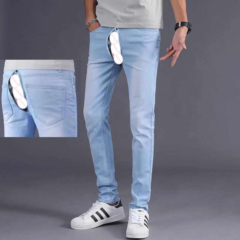 Invisible Open Crotch Outdoor Sex Erotic Pants Boyfriend Jeans Light Blue Korean Style Trendy Denim Trousers Stretch Casual Pant