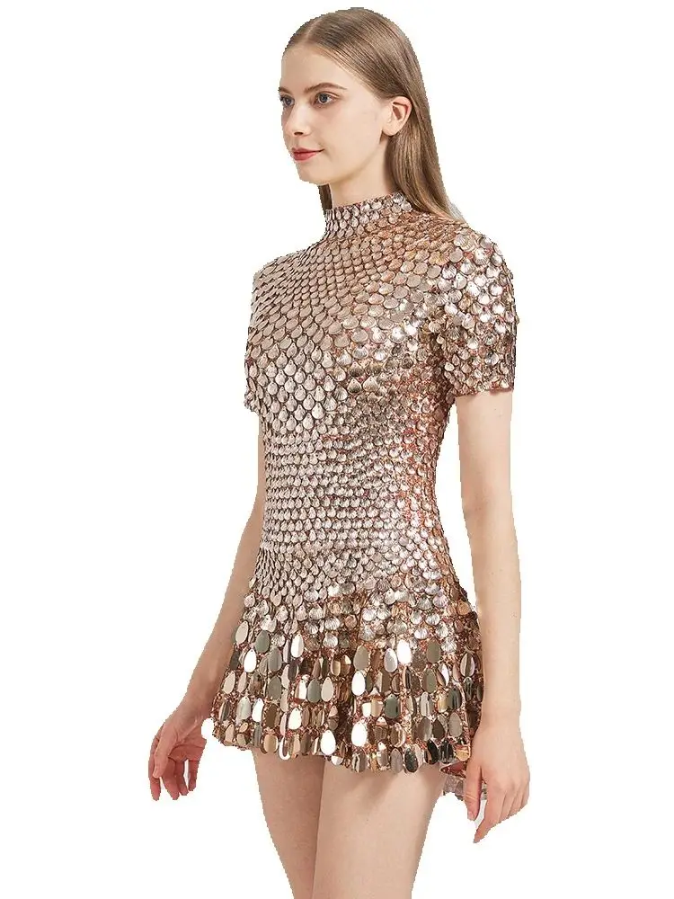 

champagne Shell Sequins Mini Dress Nightclub Dance High Quality Performance Clothing Bodysuit Birthday Dresses