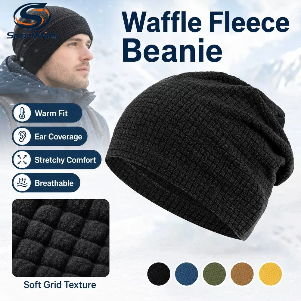 Waffle Slouch Beanie Cycling Thermal Fleece Hat Stretchy Grid Texture Skull Cap Sport Winter Outdoor Warm Ski Soft Hiking Beani