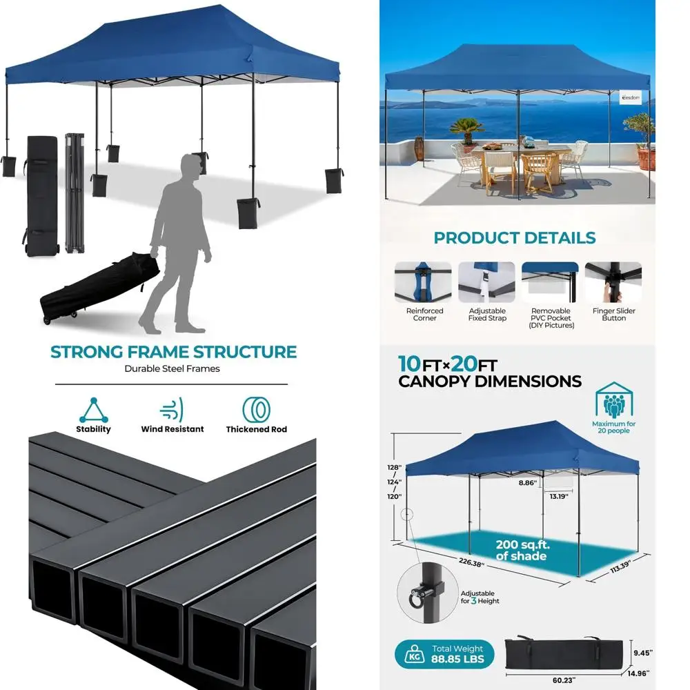 

Commercial Grade Pop Up Canopy Tent with Roller Bag, 10x20 Outdoor Shelter, Adjustable Height, Ideal for Beach and Park Events