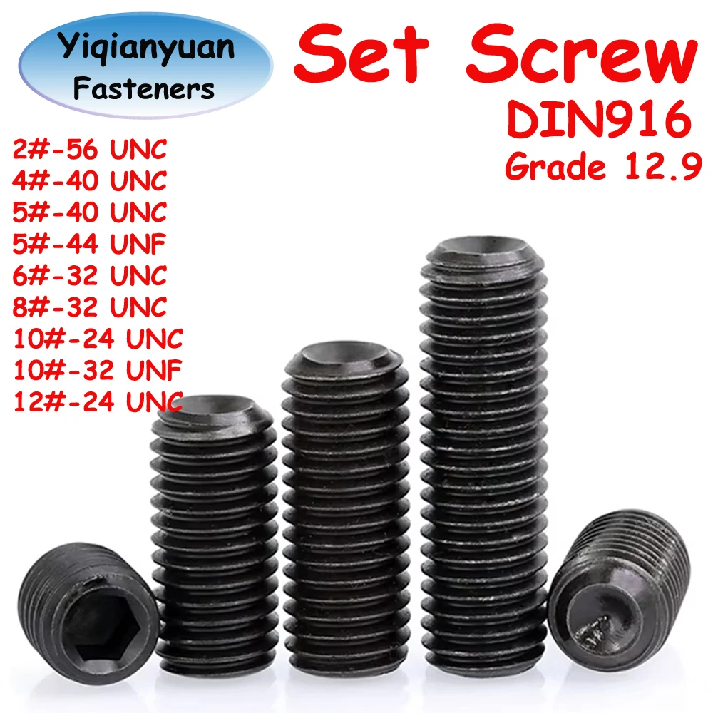

Yiqianyuan 2# 4# 6# 8# 10# 12# UNC UNF DIN916 Grade 12.9 Alloy Steel Hex Socket Set Screws with Cup Point Headless Grub Bolts
