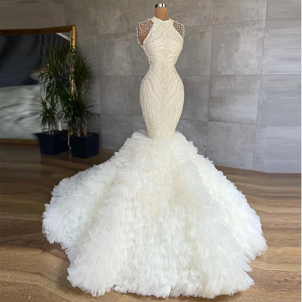 

Saudi Arabic Mermaid Wedding Dresses Beading Crystals Bridal Gowns Custom Made Lace Appliques Sequined Ruffles Vestido de novia