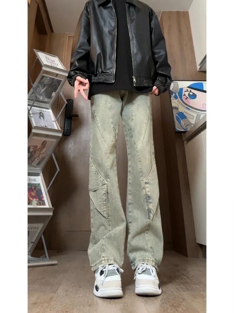 

Мужские узкие прямые брюки-трубы Waed Mud Yellow Splicing Design Street Sle, весна-осень, модный американский бренд