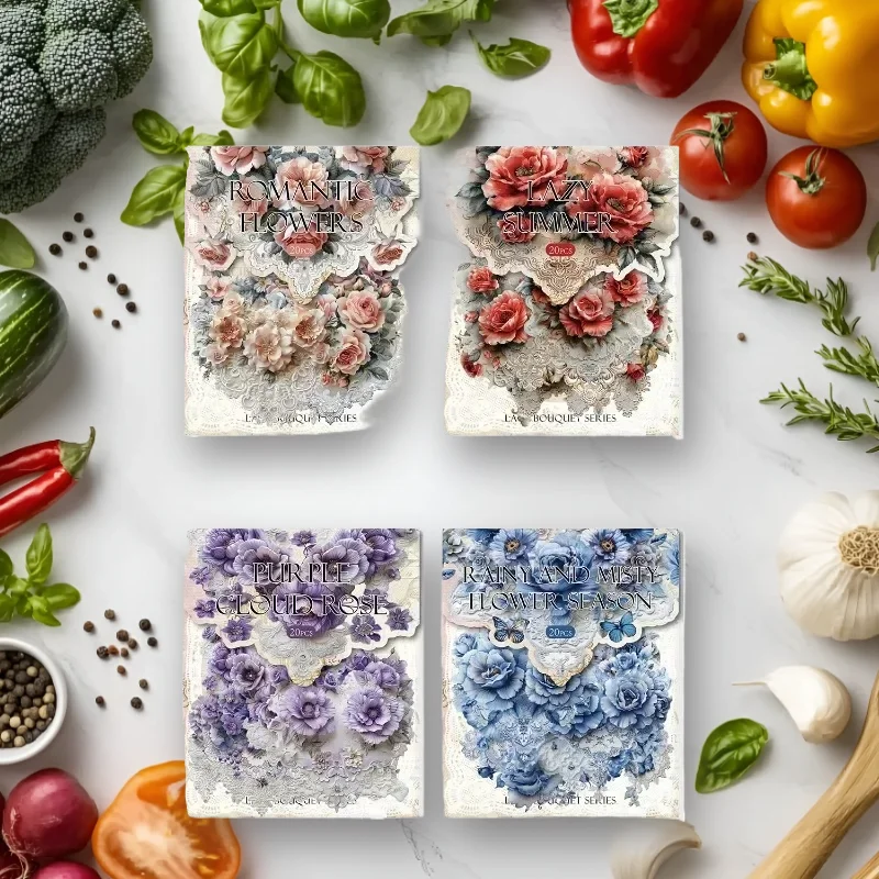 20 Stück Serie Blumenbedarf DIY-Paket Dekoratives Retro-Aufkleberpaket Spitzenaufkleber Blumenstrauß Sammelalbum geschnitten 139 * 98 mm