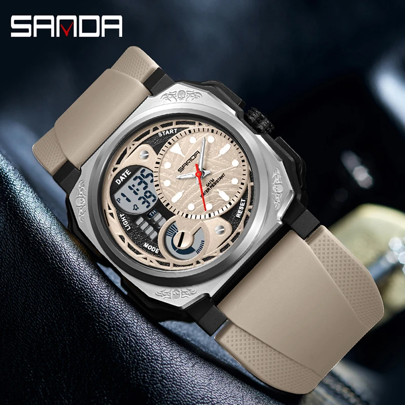 SANDA SD5101 موضة جديدة للرجال ساعة إلكترونية مقاومة للماء للصدمات رياضية مضيئة التقويم الساعات الرقمية للرجل