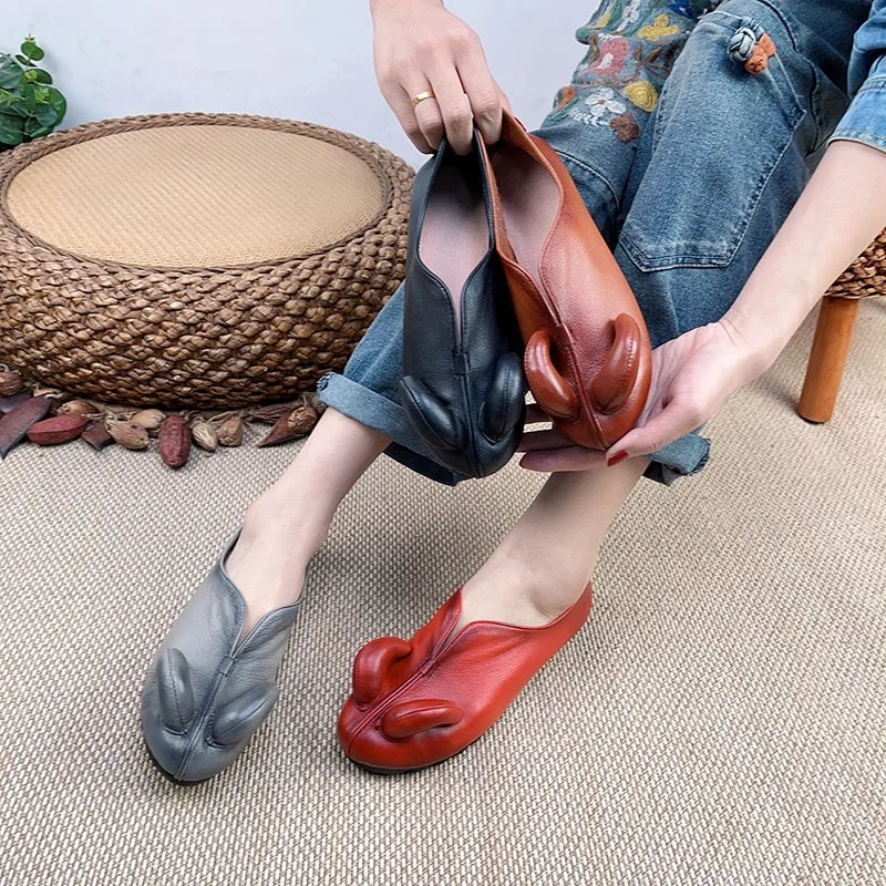Birkuir Retro Flats Shoes For Women Sheep Horn Loafers Soft Sole Genuine Leather Low Heels Luxury Casual Flat Heel Slip On Shoes