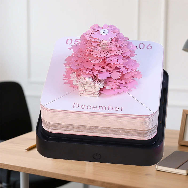 Calendario de escritorio con luz LED 3D, calendario en forma de lágrima, arte tallado en papel, Bloc de notas, regalo de Navidad, 2026
