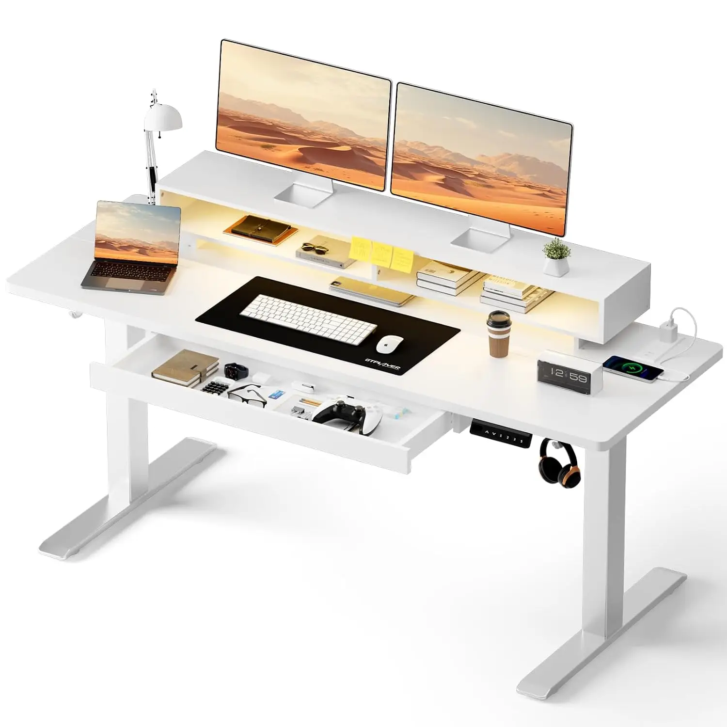 Electric Standing Desk with Drawers, 55 x 24 Inch Height Adjustable Gaming Desk with Monitor Stand, Power Outlets &, Customized