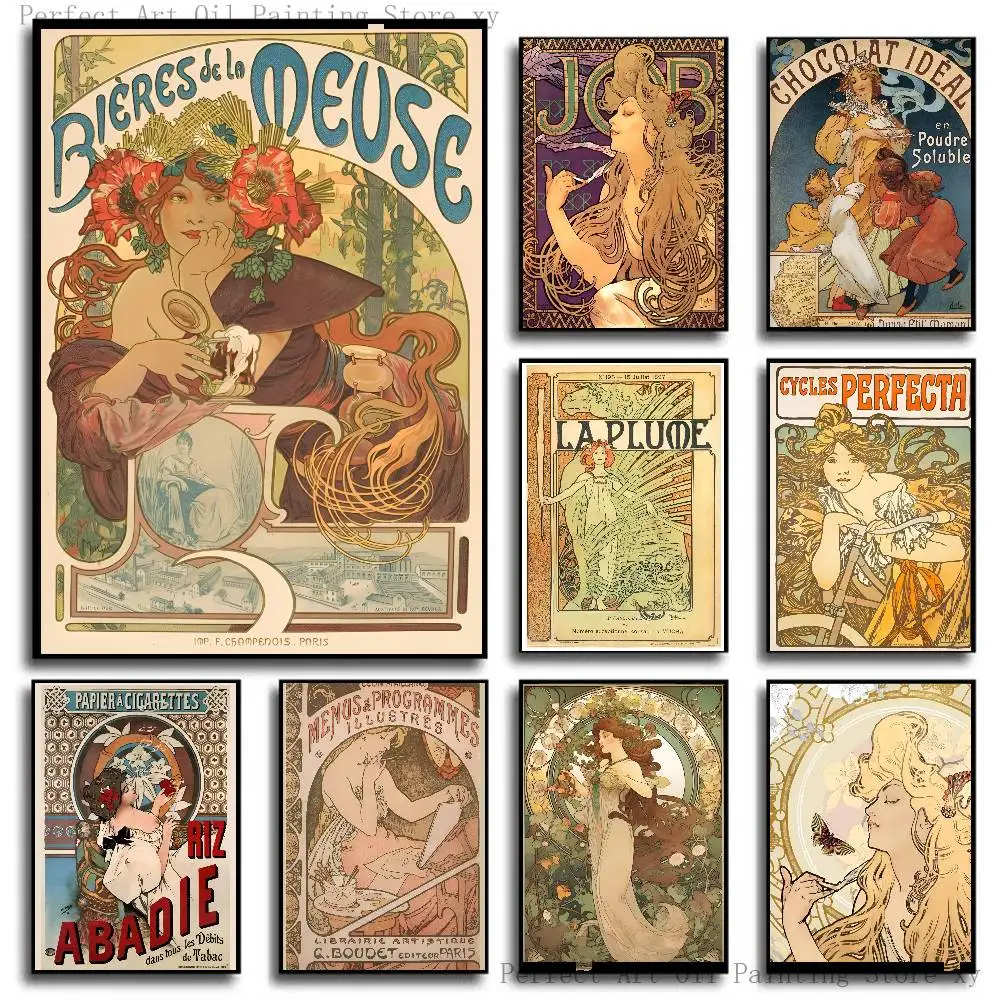 Alphonse Mucha Canvas Painting Vintage Woman Poster Self-adhesive Art Room Entrance Restaurant Wall Decor Art Painting
