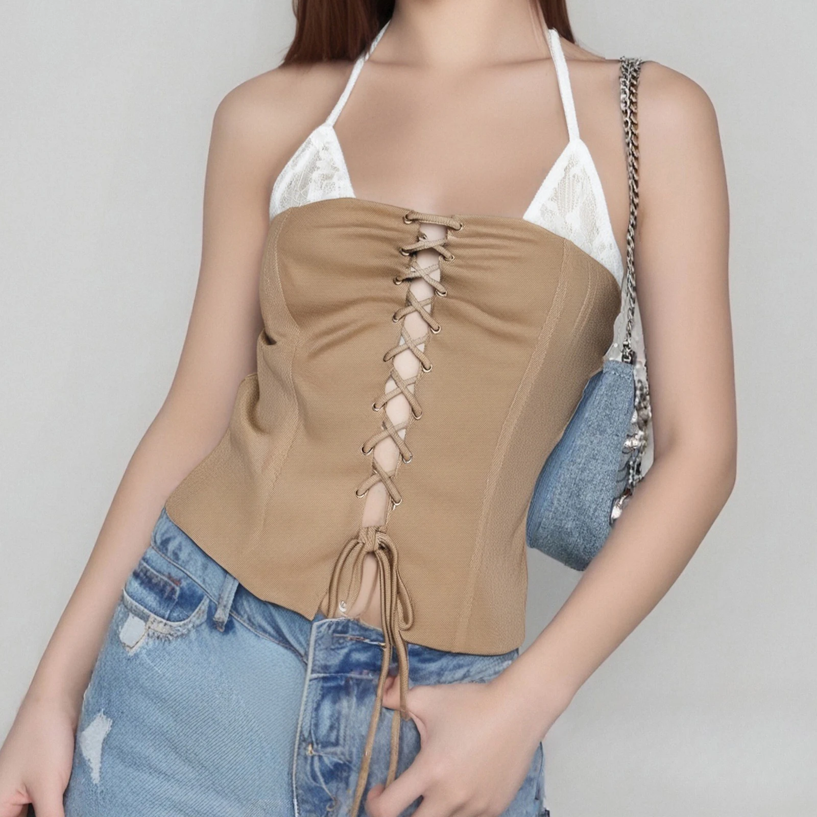 Women's Lace Up Soild Color Halter Neck Vest Summer Sleeveless Open Back Front Cross Bandage Tank Tops