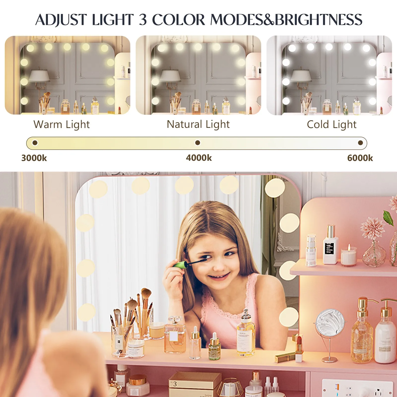 Tocador de maquillaje Escritorio de tocador con toma de corriente de espejo LED y 2 cajones Mesa de maquillaje moderna para organización de belleza